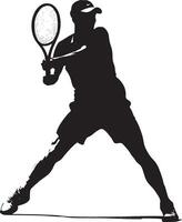 A player hitting a backhand volley, racket extended in a quick and controlled movement, full-length silhouette illustration. vector