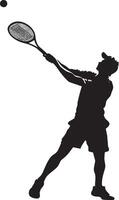 A player executing a slice serve, the ball curving toward the sideline, full-length silhouette illustration. vector