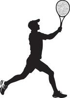 A player moving backward to reach a deep lob, preparing for a volley or overhead shot, full-length silhouette . vector