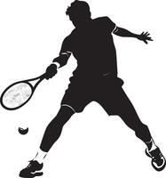 A player performing a backhand volley, extending the racket to intercept the ball, full-length silhouette . vector