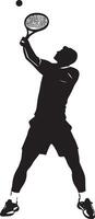 A player performing a service toss, body slightly bent and racket ready, full-length silhouette illustration. vector