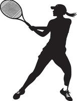 A player hitting a slice serve with a spinning motion, ball moving wide, full-length silhouette . vector