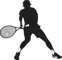 A player executing a backhand volley with a controlled racket extension, full-length silhouette . vector