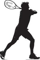 A player hitting an inside-out forehand, racket crossing the body for a deep shot, full-length silhouette . vector