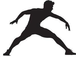 A player reaching for a wide shot with a defensive lunge, full-length silhouette illustration. vector