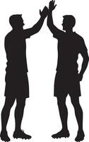 Players exchanging high-fives after a successful play, full-length silhouette . vector