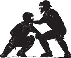 A catcher positioned in front of home plate, ready to tag out a runner, full-length silhouette . vector