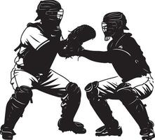 catcher standing in front of home plate, blocking the path and preparing to tag out a sliding runner, full-length silhouette . vector