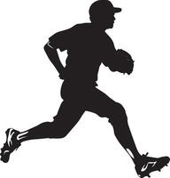 A player rounding third base, sprinting toward home, with arms extended in full stride, full-length silhouette illustration. vector