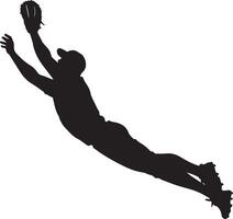 A player leaping horizontally to snatch a fly ball, arms stretched in mid-air, full-body silhouette . vector