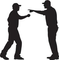 A pitcher in a powerful wind-up, striking out the batter with a missed swing, umpire signaling a strike, full-length silhouette black illustration vector