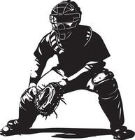 Catcher in the Ready Position Silhouette A catcher crouched behind the plate, with their glove outstretched and body low, ready to receive the pitch. full length silhouette black illustration vector