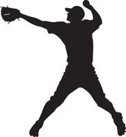 A fielder making a strong throw to first base, arm extended, with the glove hand pulling back. full length silhouette black illustration vector