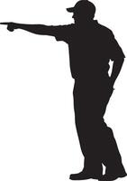 Umpire Calling Out Silhouette An umpire signaling an out, with one arm pointed forward and the other resting by their side. full length silhouette black illustration vector