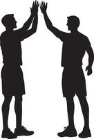 Two players sharing a high-five with arms extended in joy, full-length silhouette illustration. vector