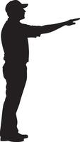 An umpire making the safe call, extending one arm horizontally at the base, full-length silhouette illustration. vector