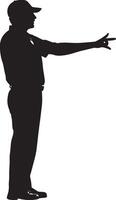 An umpire signaling a safe call at the base, arm extended horizontally, full-length silhouette . vector