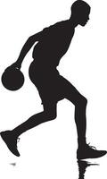 Behind-the-Back Dribble Silhouette A player dribbling the ball behind their back, using one hand to quickly pass the ball to the other side. full length silhouette black illustration vector