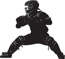 A catcher positioned in front of home plate, ready to tag out a sliding runner, full-length silhouette . vector