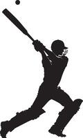 A batter in the middle of a swing, bat at full speed, arms extended to strike the ball, full-body silhouette vector
