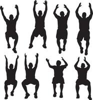 Teammates on the bench clapping and cheering, supporting players on the court, full-body silhouette vector
