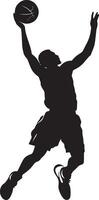 A player making an alley-oop pass, ball in the air for a teammate to dunk, full-body silhouette . vector