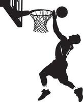A player leaping to tip the ball into the basket, hands extended just before the rim, full-body silhouette . vector