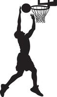 A player jumping near the basket to tip the ball in, hands reaching out just before it hits the rim, full-length silhouette black illustration. vector