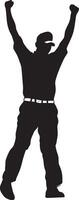 A golfer leaps with joy, fist raised in celebration after scoring a hole-in-one, full-length black illustration. vector