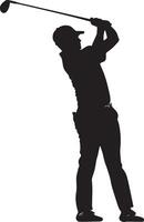 A golfer mid-swing, club angled forward, striking the ball with precision on the fairway. vector