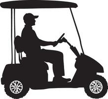 A silhouetted golfer seated in a cart, exploring the scenic greens. vector