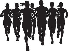 A group of runners in motion, their arms and legs moving in sync as they run together. vector