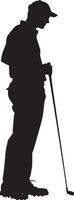 A golfer holding a distance measuring device, surveying the course or flag. vector