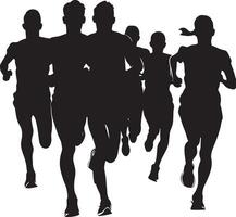 A group of runners, their movements in perfect harmony as they race forward. vector