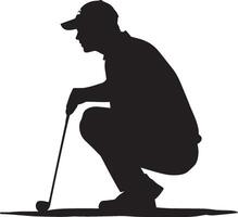 A golfer squatting down to assess the slope and break before their putt. vector