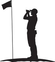 A golfer using a rangefinder to check the distance to the flag or course layout. vector