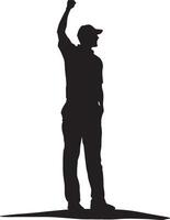 A player raises their arm in joy after sinking a birdie putt, full-body black illustration. vector