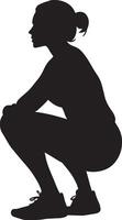 Squats Silhouette A person in a deep squat, thighs parallel to the ground with arms extended forward or bent. full length silhouette black illustration vector