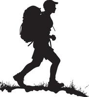 A person walking with a backpack, trekking along a path with one foot ahead. vector