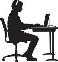A student participating in an online class, focused with headphones on. vector