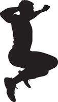 A person airborne, jumping from a squat position in the middle of a burpee. vector