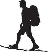 A person carrying a backpack, walking on a trail with one foot in motion. vector