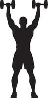 A person standing with dumbbells held above their head in an overhead press. vector