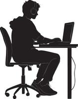 A student sitting at a desk, attending an online class with headphones on. vector