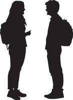 Two or more students standing together, chatting and laughing in the hallway or courtyard. vector