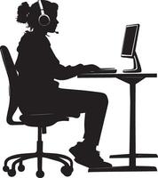 A student engaged in a virtual class, wearing headphones while sitting at a desk. vector