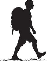A person with a backpack, walking with one foot forward on a scenic trail. vector