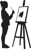 A student standing at an easel, brush in hand, focused on painting. vector