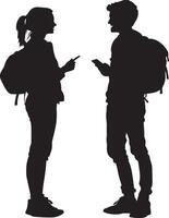 Two or more students chatting and laughing together in a hallway or outdoor space. vector