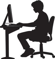 A student browsing the internet on a computer for project research. vector